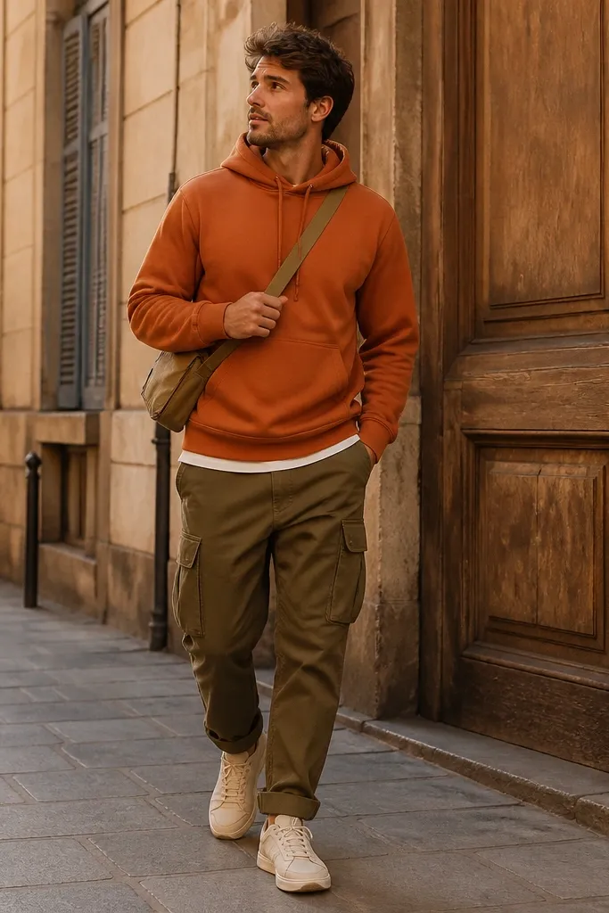 A man wearing olive cargo pants with a rust-orange hoodie, cream sneakers, and a simple crossbody bag; warm-toned street photo.