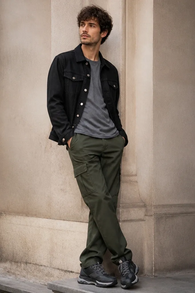 A man wearing bottle green cargo pants with a black denim jacket over a heather gray tee and black-and-gray sneakers; jacket has silver buttons.