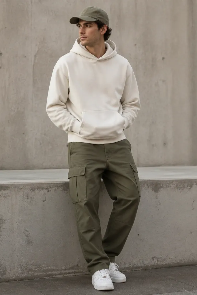 A man wearing olive green cargo pants with a cream hoodie and an olive cap; he has white sneakers and a calm monochrome look.