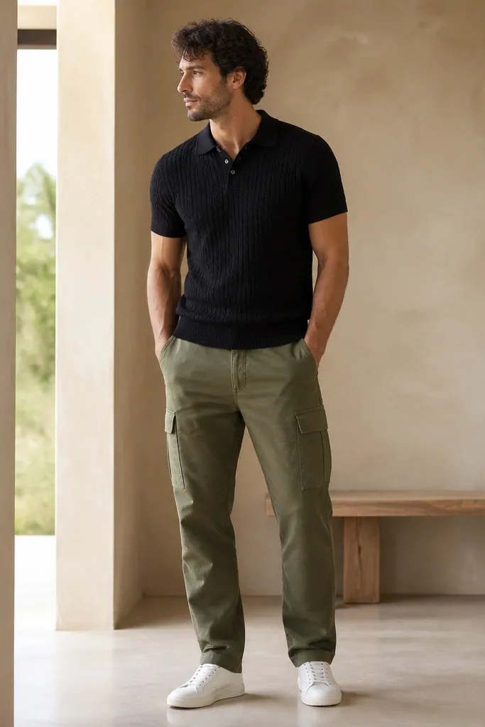 A man in green cargo pants wearing a black knit polo shirt with a collar, plus white sneakers; the polo looks slightly textured and fitted.