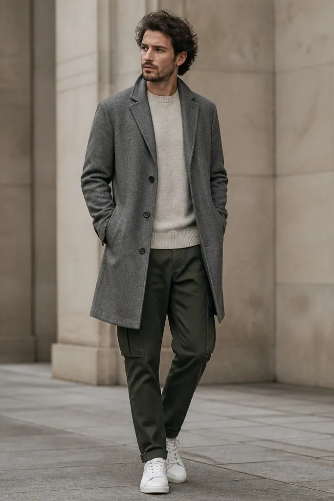 A man wearing bottle green cargo pants with a long gray jacket (overcoat vibe) and white sneakers; the jacket reaches mid-thigh.