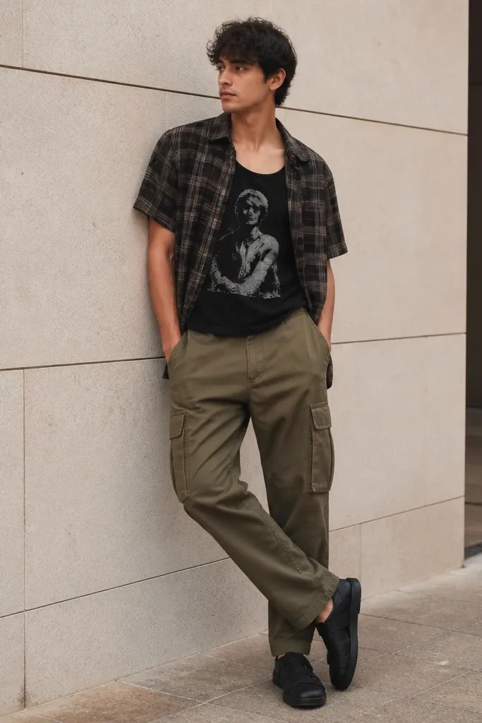 A man wearing olive cargo pants with a black graphic tank top and an open short-sleeve shirt in dark plaid; he wears black sandals or sneakers.