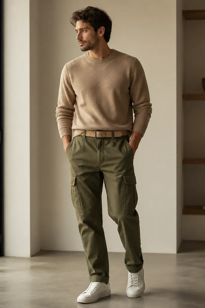 A man wearing green cargo pants with a camel crewneck sweater and white sneakers; he has a tan belt and minimal accessories.