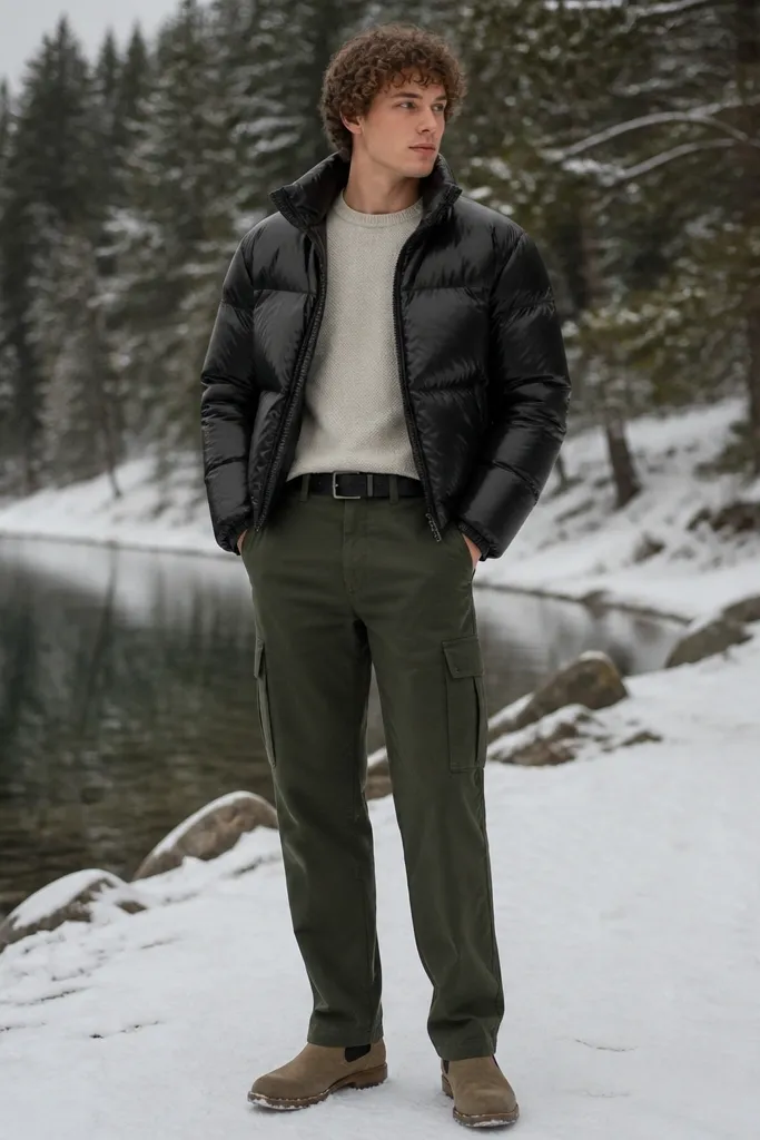A person stands outdoors in winter wearing deep olive green cargo pants with a relaxed straight leg. They have a light oatmeal crewneck sweater, a black shiny puffer jacket, and tan suede Chelsea boots. A thin black leather belt shows at the waist.