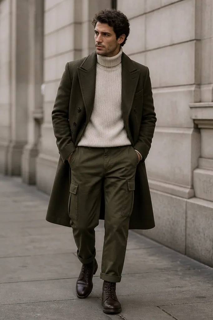 A winter street photo shows olive green cargo pants paired with a cream ribbed turtleneck. The outer layer is an olive wool overcoat with a structured shoulder, and the shoes are dark brown leather lace-up boots. The scene is in muted daylight with a neutral sidewalk.
