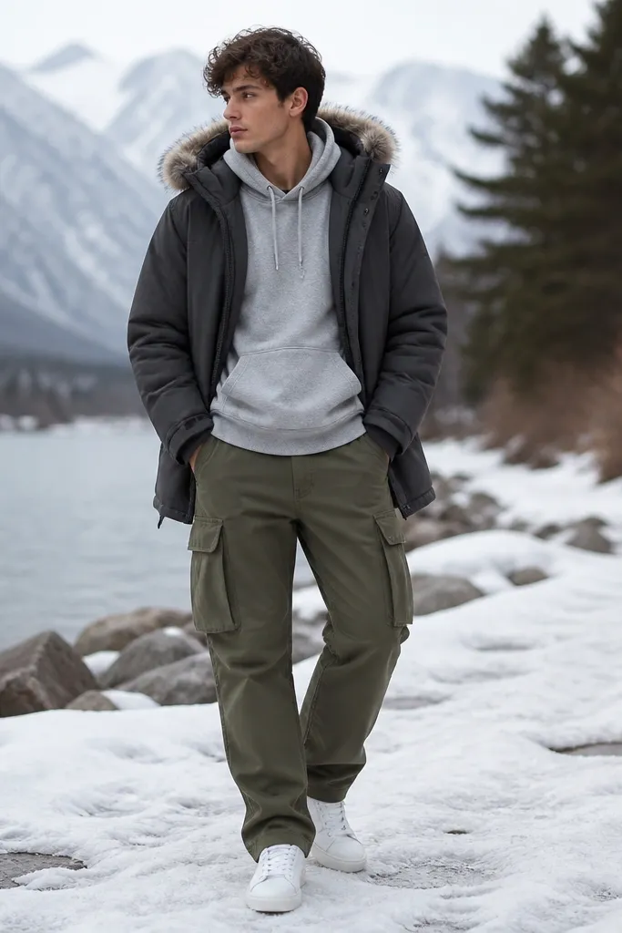 A casual winter look: green cargo pants with visible pocket flaps, a heather grey hoodie underneath, a charcoal parka with a fur-trim hood, and clean white low-top sneakers. The person's hands are in the hoodie pocket.