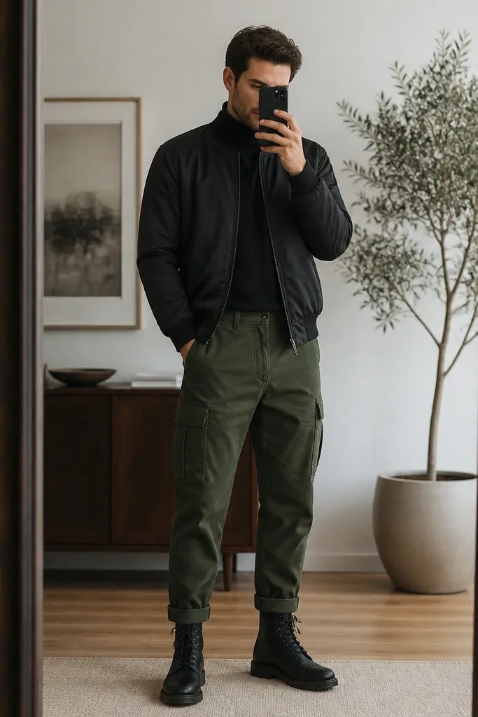 A mirror shot shows forest green cargo pants paired with a black mock neck top and a matte black bomber jacket. The bomber has ribbed cuffs and waistband, and the pants show cuffed hems above black boots.