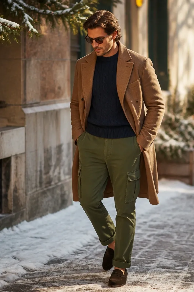 A winter street photo shows green cargo pants with a cable-knit navy sweater. Over it is a camel wool overcoat, and the shoes are dark green suede loafers. The lighting is warm, and the outfit looks coordinated without being matchy.