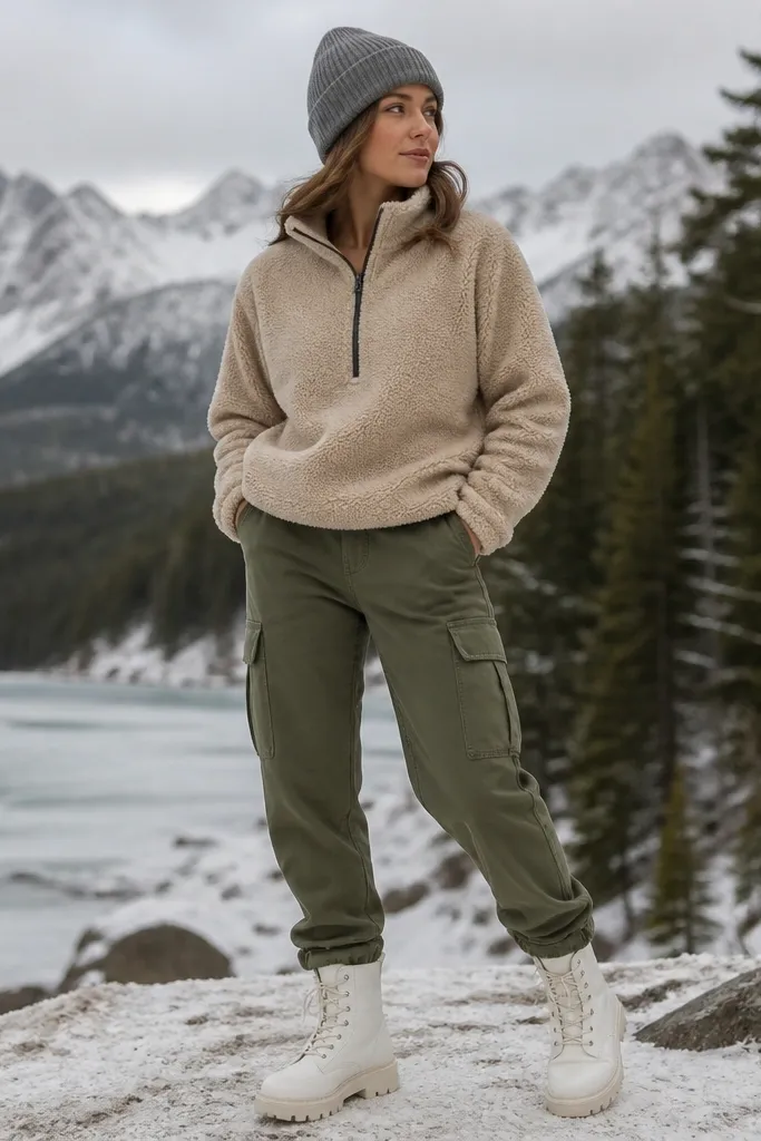A casual winter look: olive green cargo pants, a sand-colored fleece quarter-zip, a grey knit beanie, and white winter boots. The fleece has a visible zipper and a slightly high collar.