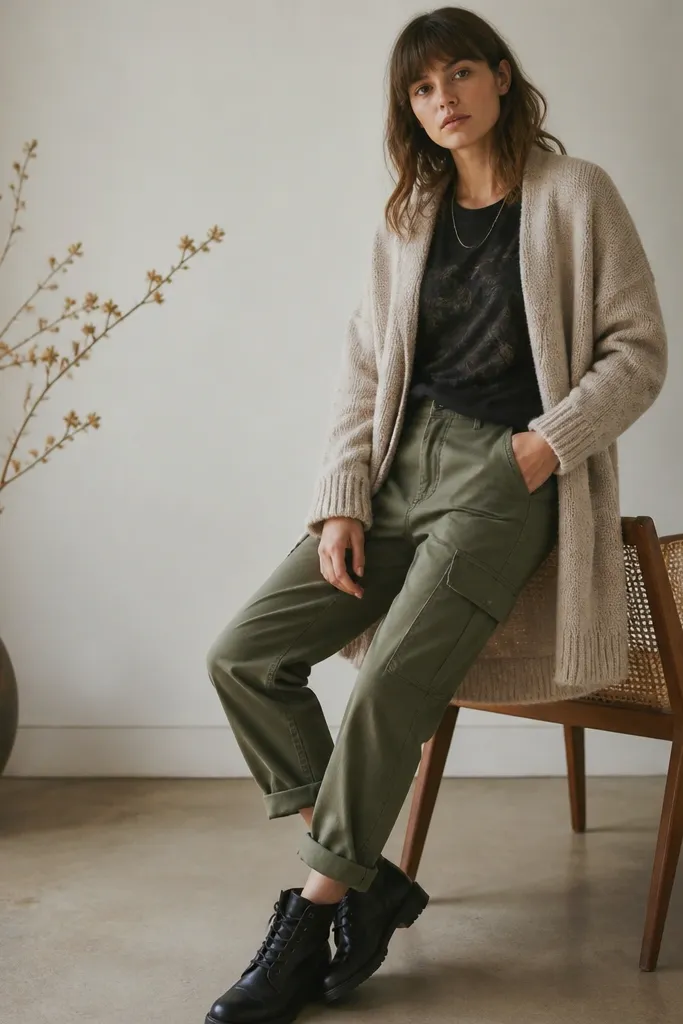 The outfit shows olive green cargo pants with cuffs slightly rolled. A black graphic tee sits under a long oatmeal cardigan that hangs past the hips. Shoes are black leather boots, and a simple chain necklace is visible.
