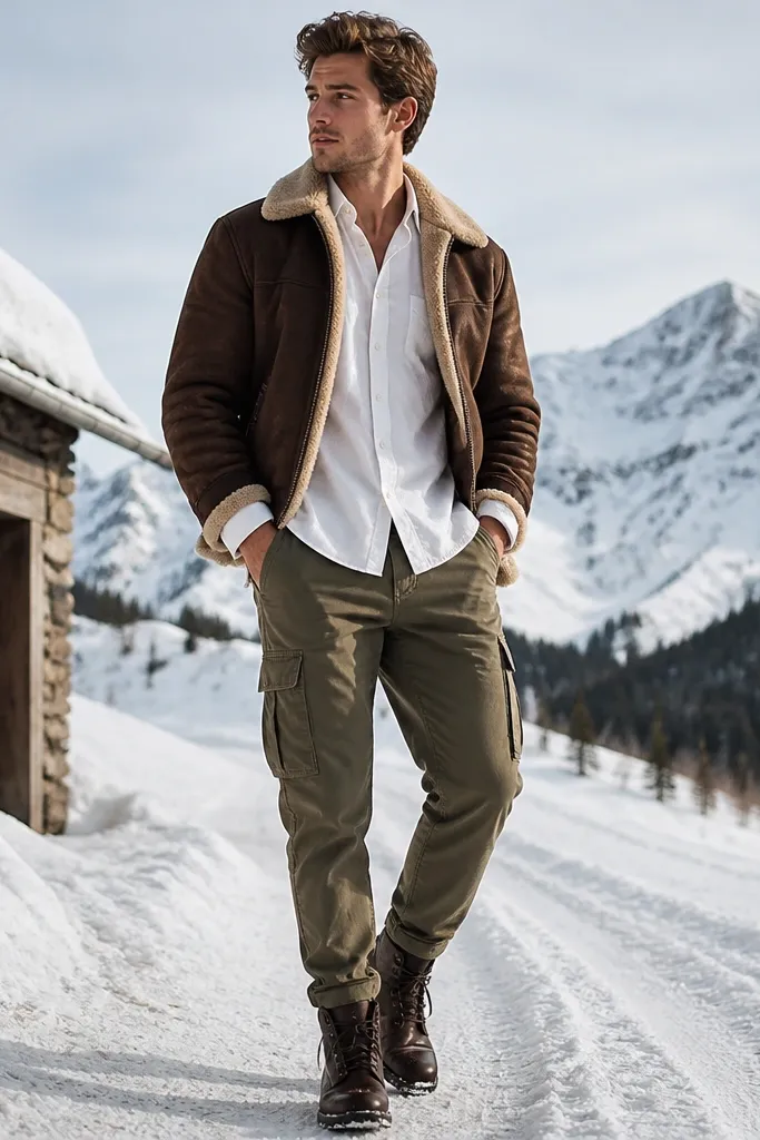 A crisp winter outfit: olive green cargo pants paired with a white button-down shirt. The outer layer is a brown jacket with visible shearling lining at the collar and cuffs. The person wears dark brown boots and has the shirt sleeves slightly rolled back.
