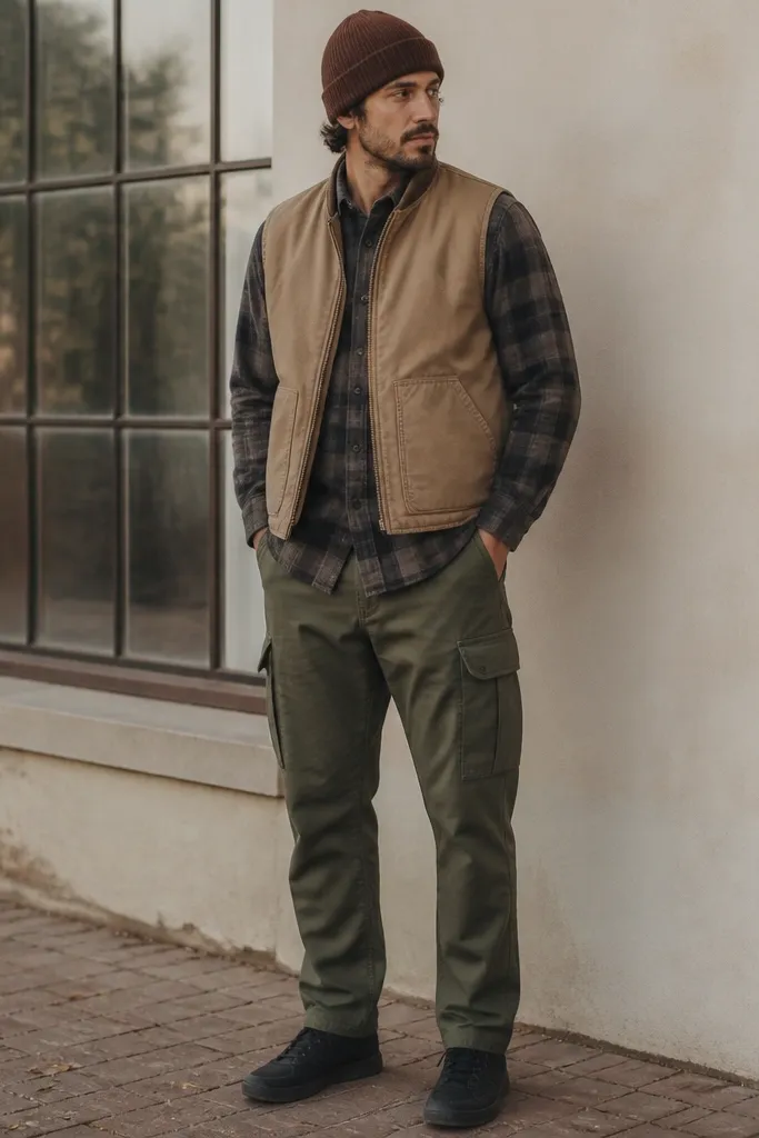 A layered look with olive green cargo pants. Under a tan workwear vest, there is a charcoal flannel shirt with the top button undone. The person wears dark sneakers and a brown knit cap.