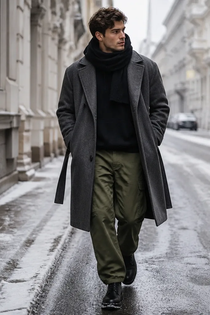 A winter street photo: olive green cargo pants paired with a black hoodie. Over it is a long grey overcoat with a belt left loose. The person wears black boots and a dark scarf.