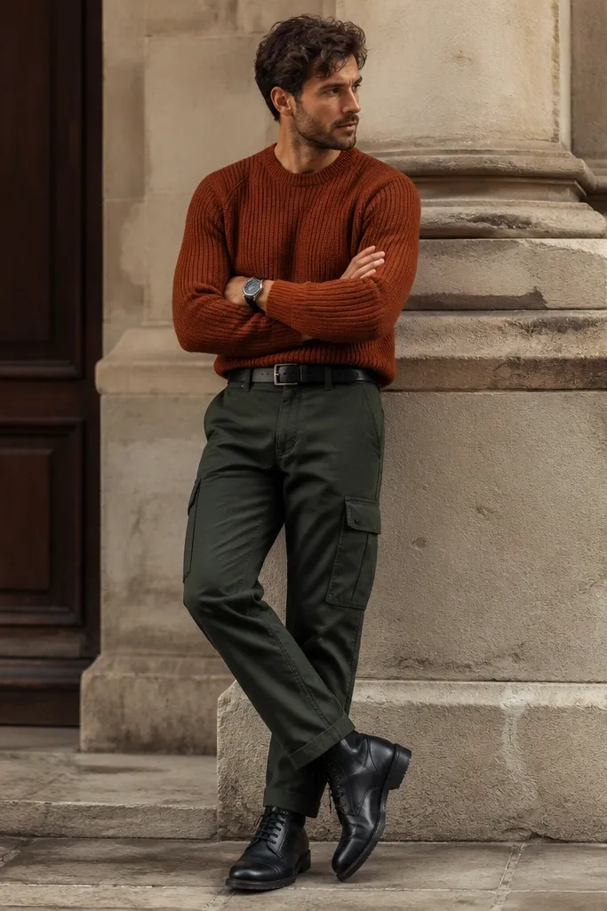 A warm-toned winter outfit: deep forest green cargo pants with a rust-orange knit sweater. A black leather belt sits at the waist, and the person wears black leather boots. A simple watch is visible.