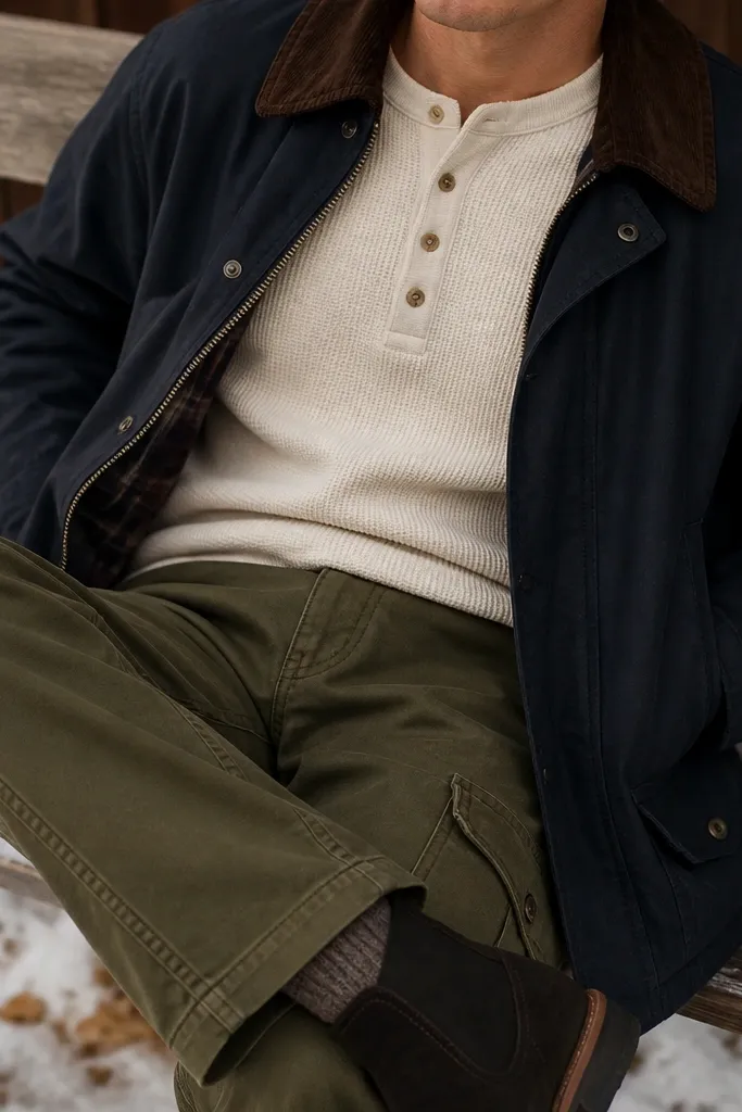 A close-up winter fit: olive cargo pants with visible stitching, a cream waffle henley with buttons, and a navy barn jacket with a corduroy collar. Shoes are dark suede ankle boots.