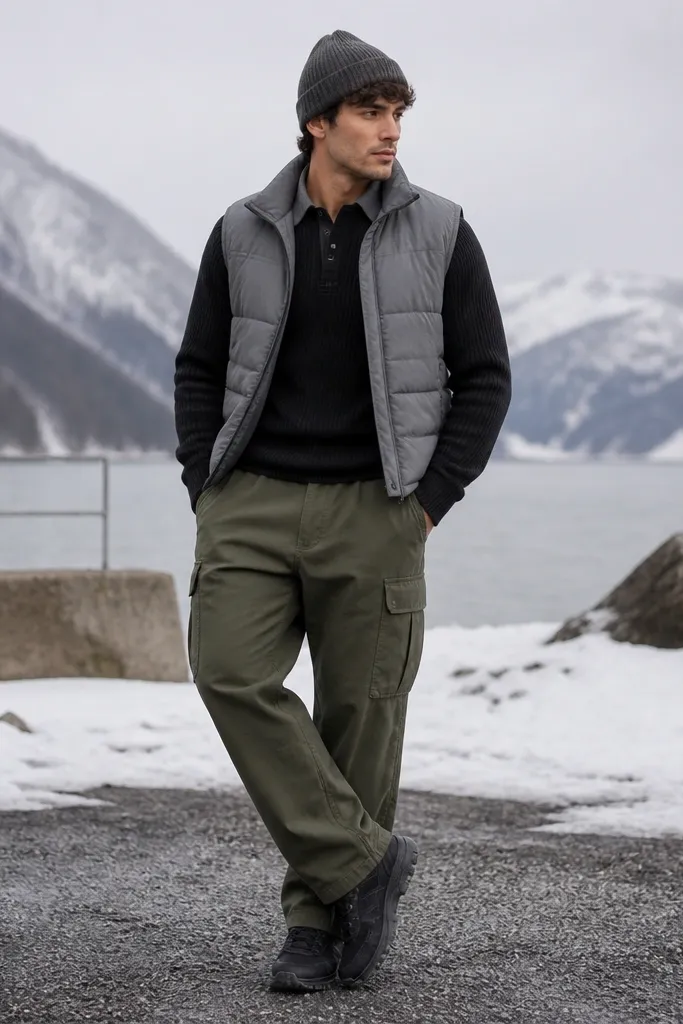 A layered winter outfit: olive green cargo pants with a black knit polo shirt. Over it is a grey puffer vest, and the person wears black sneakers. A beanie in grey sits on the head.