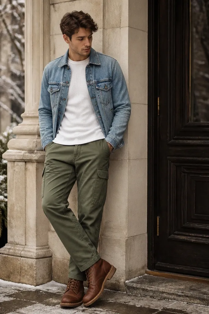 A daytime winter outfit: olive green cargo pants paired with a white thermal tee. There's a light blue denim jacket on top, with the collar visible, and the person wears brown leather boots.