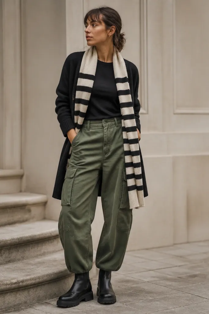 The outfit shows olive green cargo pants with a black cardigan worn open. Under it is a simple black top. A long striped scarf in cream and black hangs down, and the person wears black boots.