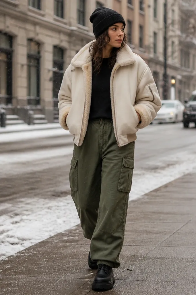 A winter street shot: olive green cargo pants, a cream bomber with visible shearling lining around the collar and inside cuffs, and a black knit beanie. Shoes are black chunky boots.