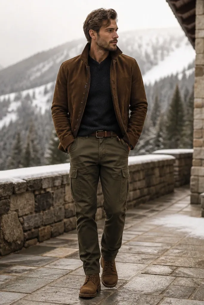 A textured winter look: olive green cargo pants with a charcoal wool-like long t-shirt. The outer layer is a brown suede jacket with a stand collar. The person wears tan suede boots and a brown belt.