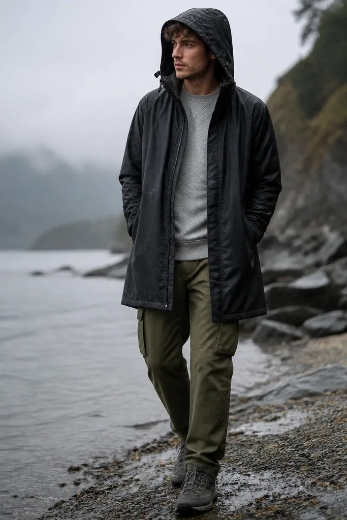 A wet-weather outfit: olive green cargo pants, a grey sweatshirt underneath, and a black raincoat with a hood. The person wears waterproof-looking sneakers in dark grey, with raindrops visible.
