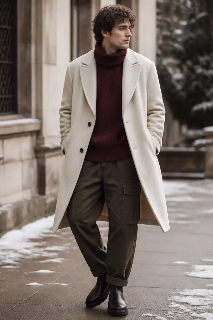 A winter coat look: olive green cargo pants with a burgundy knit sweater. Over it is a cream overcoat, and the person wears black boots. A burgundy scarf peeks at the neckline.