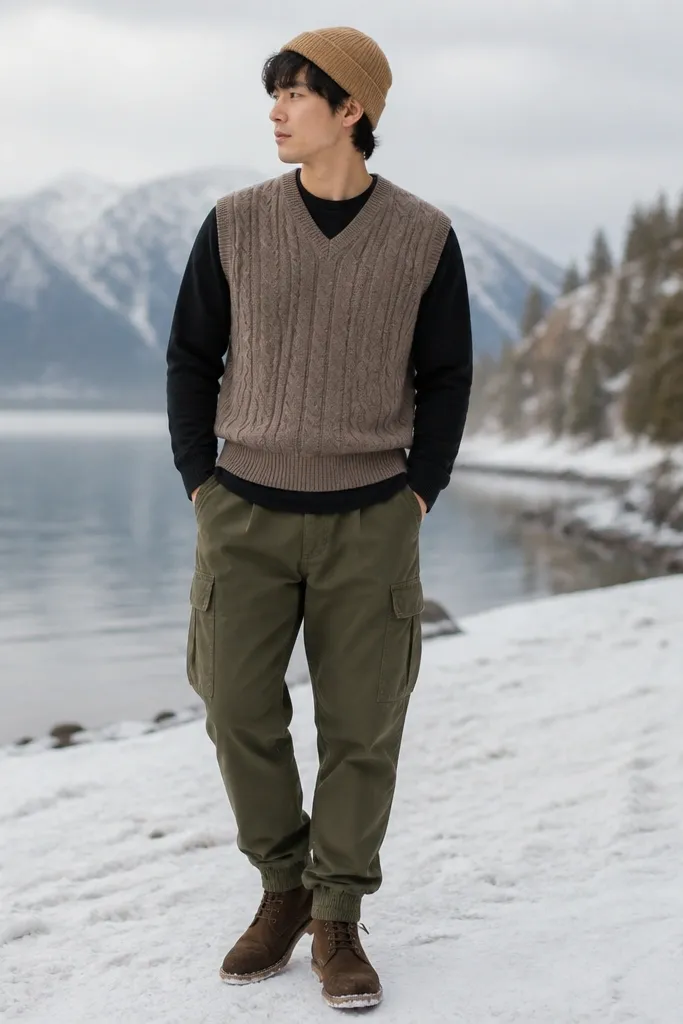 A layered winter outfit shows olive green cargo pants with a black long sleeve shirt underneath a taupe cable knit vest. The person wears brown chukka boots and a tan beanie. No heavy coat is visible.