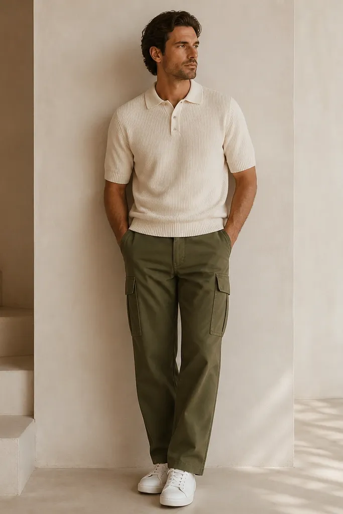 A man wearing deep olive green cargo pants with a relaxed straight leg. He has a cream knit polo shirt with a two-button placket and ribbed collar. Clean white low-top sneakers sit under the hem, and the overall color palette stays warm and minimal.