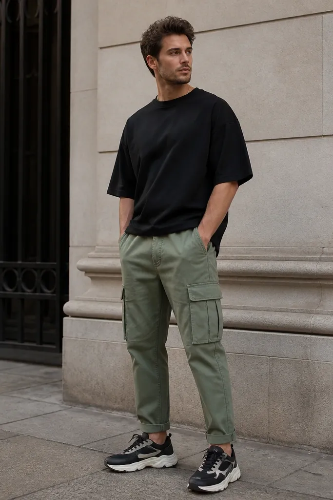 A street-style photo of a man in sage-green cargo pants. The top is a black oversized T-shirt that drapes off the shoulders. He wears black-and-cream trainers with a chunky sole, and the pants hem sits above the ankle.