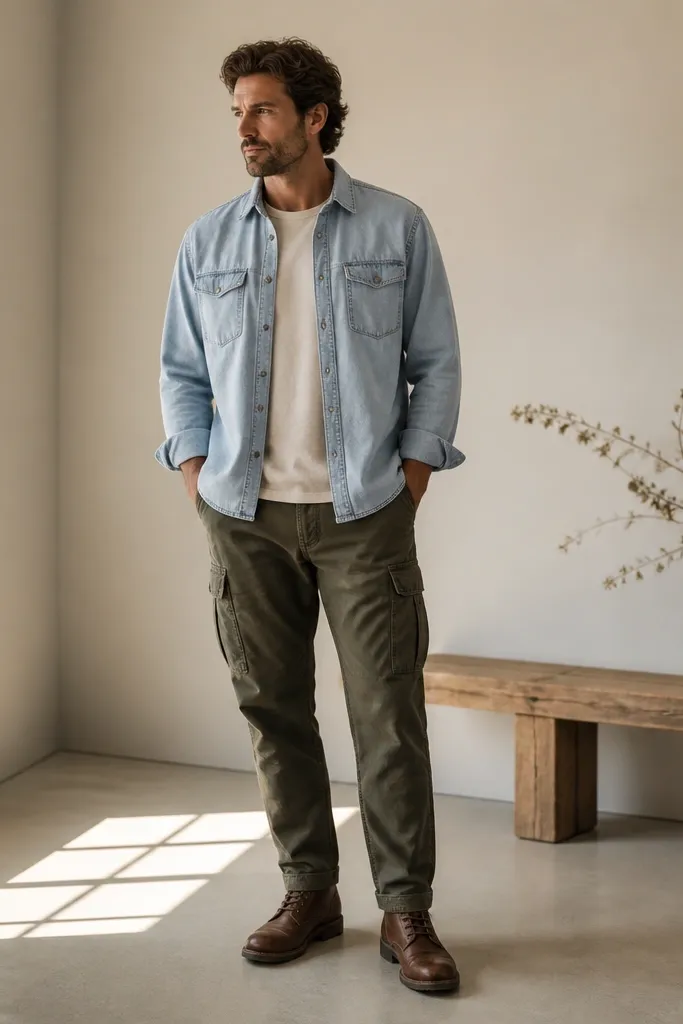 A man layered in a light-wash denim overshirt over a neutral tee. He wears dark olive cargo pants and brown leather boots. The overshirt hem covers the waistband slightly but stops above the pocket area.