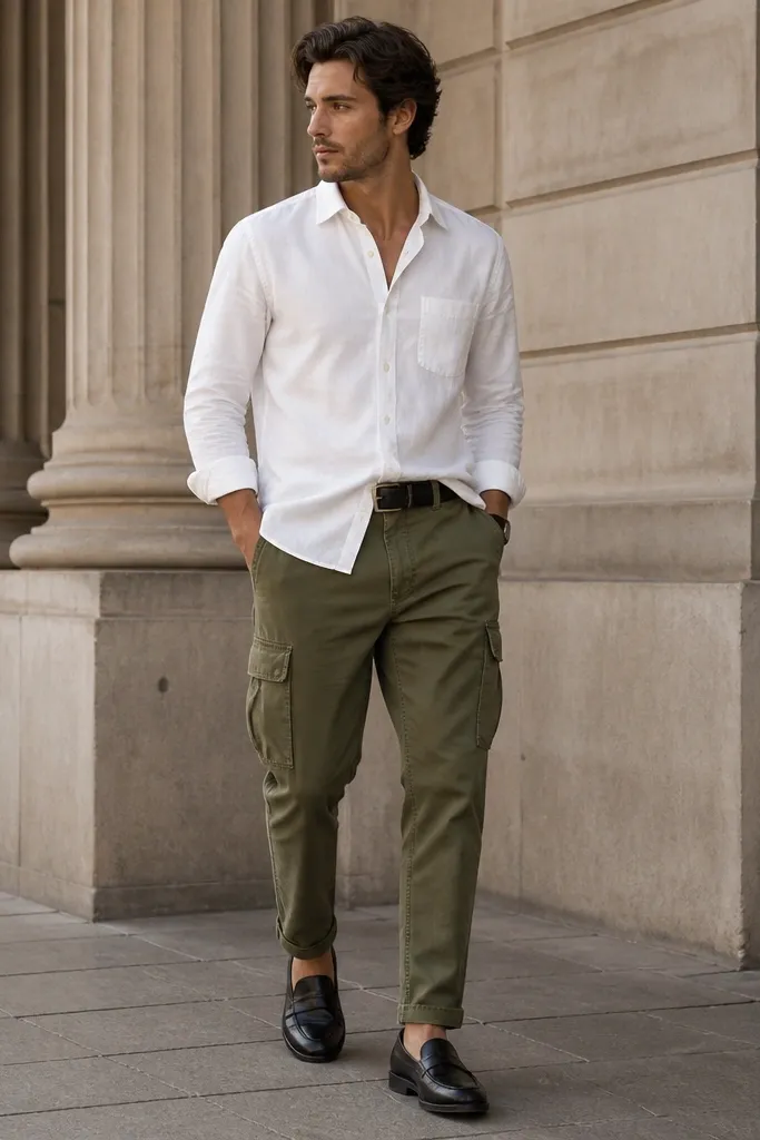A man in olive green cargo pants with a slight taper. He wears a crisp white button-up shirt left untucked, with the shirt hem hanging over the waistband. Black belt and dark loafers are visible.