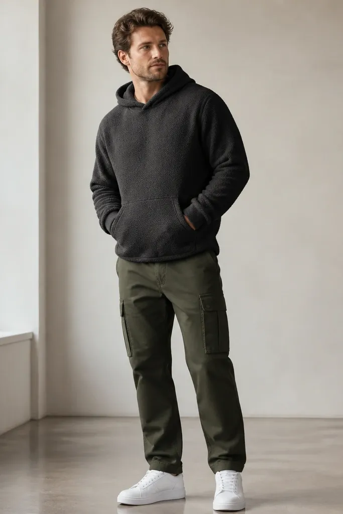 A man wearing a charcoal gray hoodie with a thick fleece texture. He has deep green cargo pants with a straight leg. His shoes are clean white sneakers with a sporty silhouette.