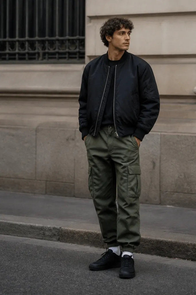 A man stands in a city setting wearing a black bomber jacket with ribbed cuffs. He has olive cargo pants and black sneakers. White crew socks peek above the shoes.