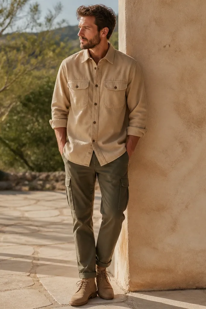 A man wears a tan button-up work shirt with chest pockets. Under it are olive cargo pants. He's in suede desert boots in light brown, and the outfit looks warm and sunlit.