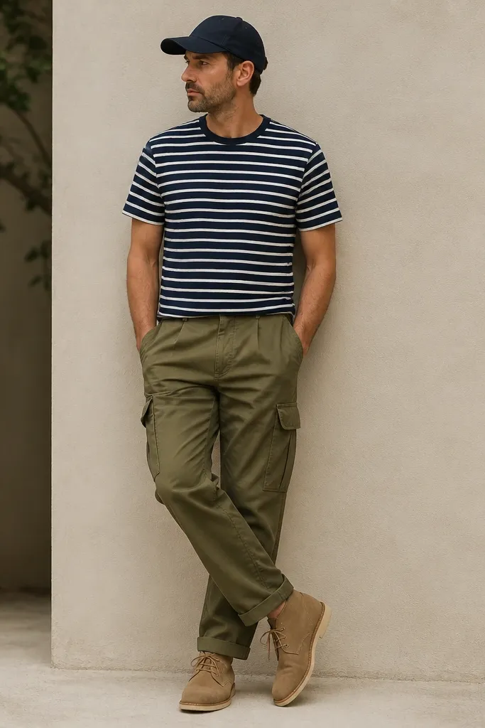 A man wears a navy-and-white striped T-shirt. He has olive cargo pants and a navy baseball cap. His shoes are tan suede chukkas with a crepe sole.
