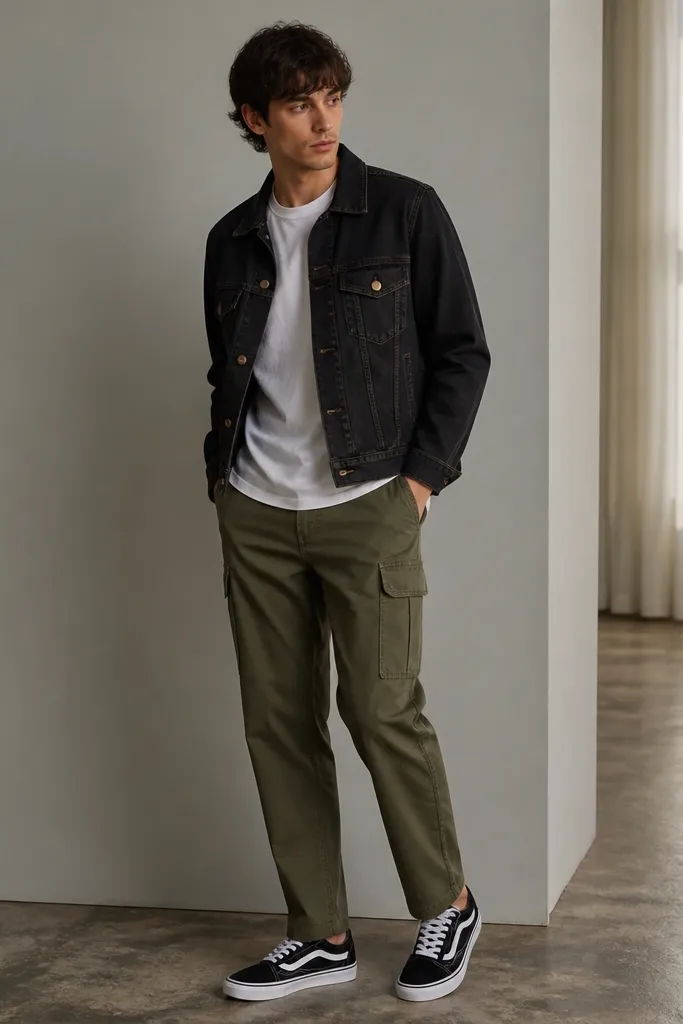 A man wears a black denim jacket with a slightly cropped length over a white tee. Olive cargo pants are straight and slightly tapered. He wears black-and-white skate shoes with a low profile.