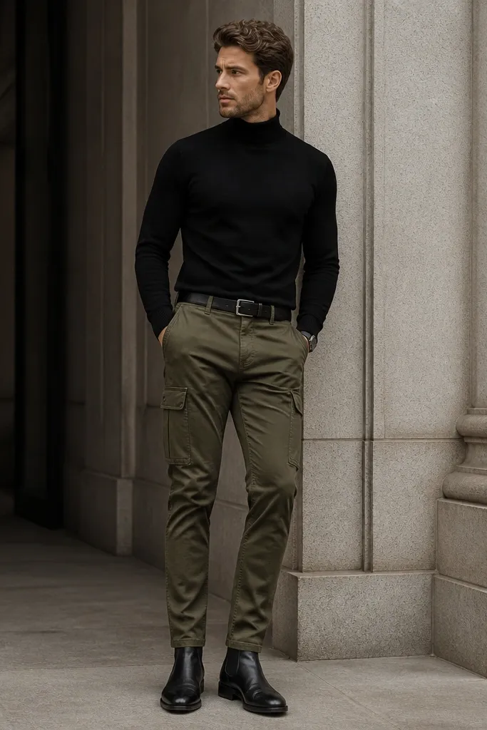 A man wears a black turtleneck sweater tucked into olive cargo pants. He has black Chelsea boots with elastic sides. The outfit looks sharp and winter-ready.