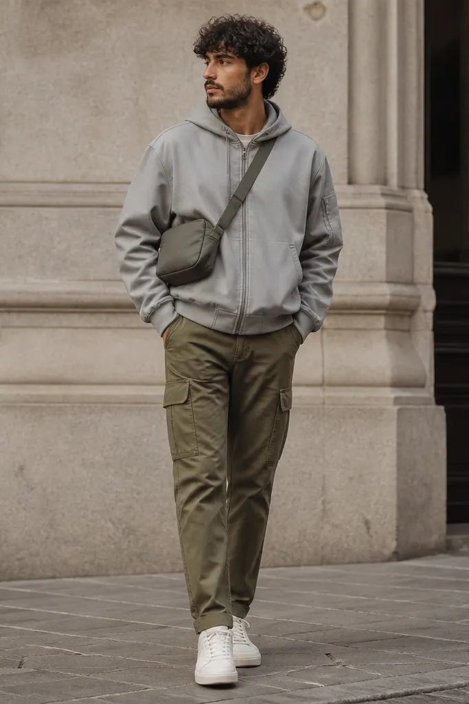 A man wears a gray bomber-style hoodie with a zip front. His olive cargo pants are straight and slightly tapered. He has white sneakers and a small crossbody bag across his chest.