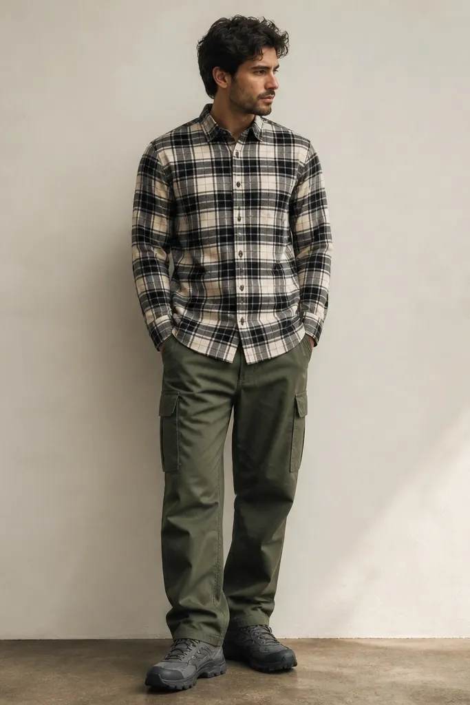 A man wears a black-and-off-white flannel with the front buttoned. He has olive cargo pants and wears rugged sneakers in dark gray with thick soles.