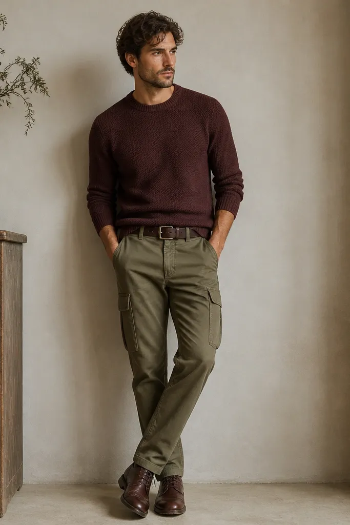 A man in olive cargo pants wears a burgundy knit sweater with a crew neck. He has dark brown lace-up shoes and a belt that matches the shoes.