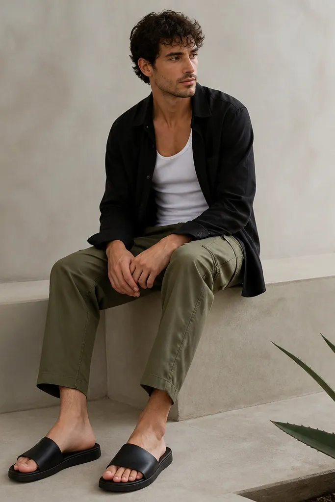 A man wears a white tank top under a black overshirt worn open. He has olive cargo pants with a slightly cropped hem and wears black slides.