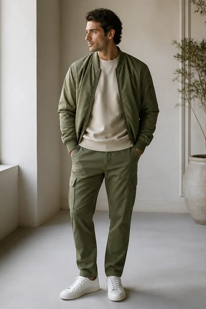 A man wears an oatmeal crewneck sweatshirt with olive cargo pants. Over it, he has a lighter olive bomber jacket. He's in clean white sneakers, and the outfit looks coordinated in green tones.