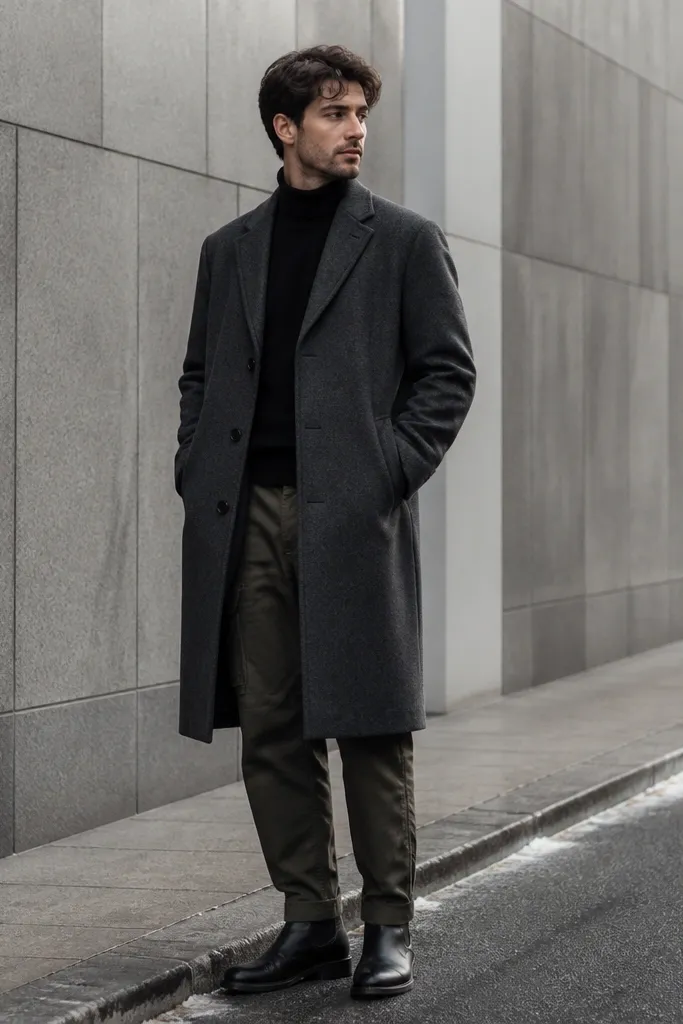 A man wears a charcoal overcoat over a black turtleneck. His olive cargo pants are visible below the coat hem. He has minimalist black boots and a clean, winter street look.