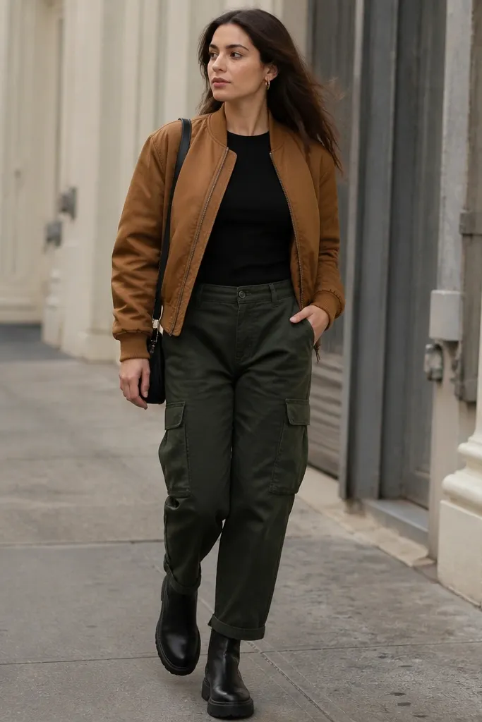 A street-style photo showing dark green cargo pants, a black fitted T-shirt, and a camel brown bomber jacket. The model wears black ankle boots and carries a small black shoulder bag.