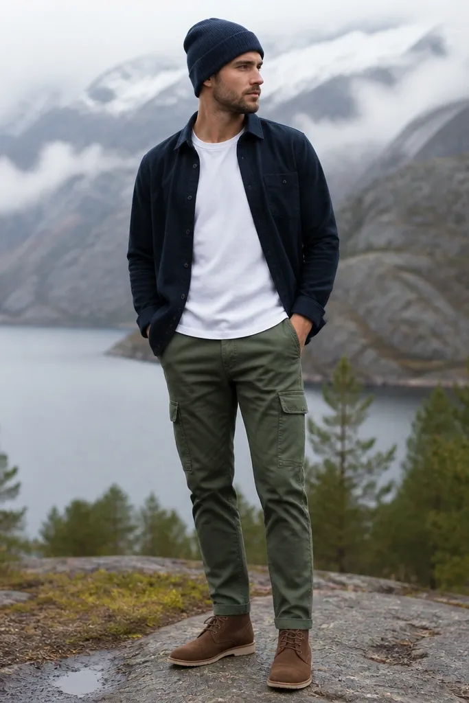 A model outdoors in cooler weather wearing an unbuttoned navy overshirt over a white tee, olive cargo pants, and brown suede chukkas. A knit beanie covers the head.