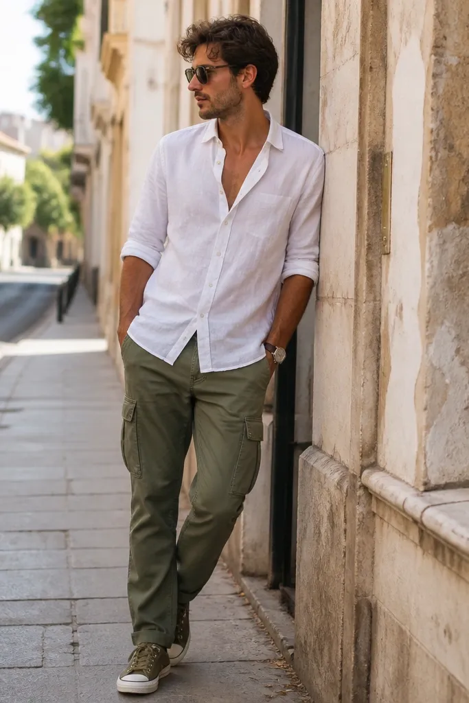 A summer street photo with a white short-sleeve button-up worn slightly open, green cargo pants, and olive canvas sneakers. The sleeves are rolled to the forearm and a watch is visible.