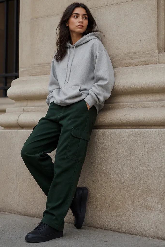 A casual street-style shot: dark green cargo pants with a relaxed fit, a heather gray hoodie, and black platform sneakers. The hoodie is worn with drawstrings visible.