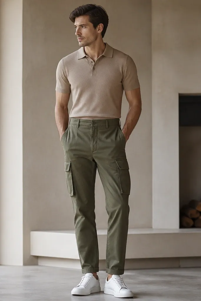A model wearing olive cargo pants, a tan knit polo shirt, and clean white sneakers. The polo collar sits flat and the shirt is tucked neatly.