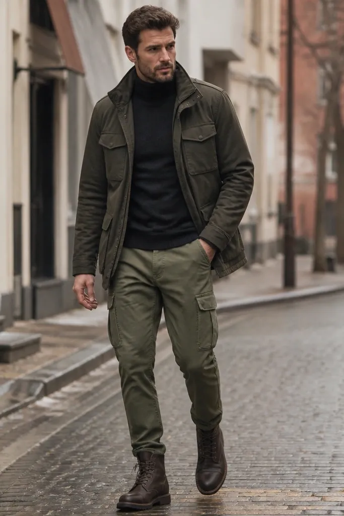 Cold-weather street photo: black turtleneck, field jacket worn open, green cargo pants, and dark leather lace-up boots. The jacket has multiple pockets and a matte finish.