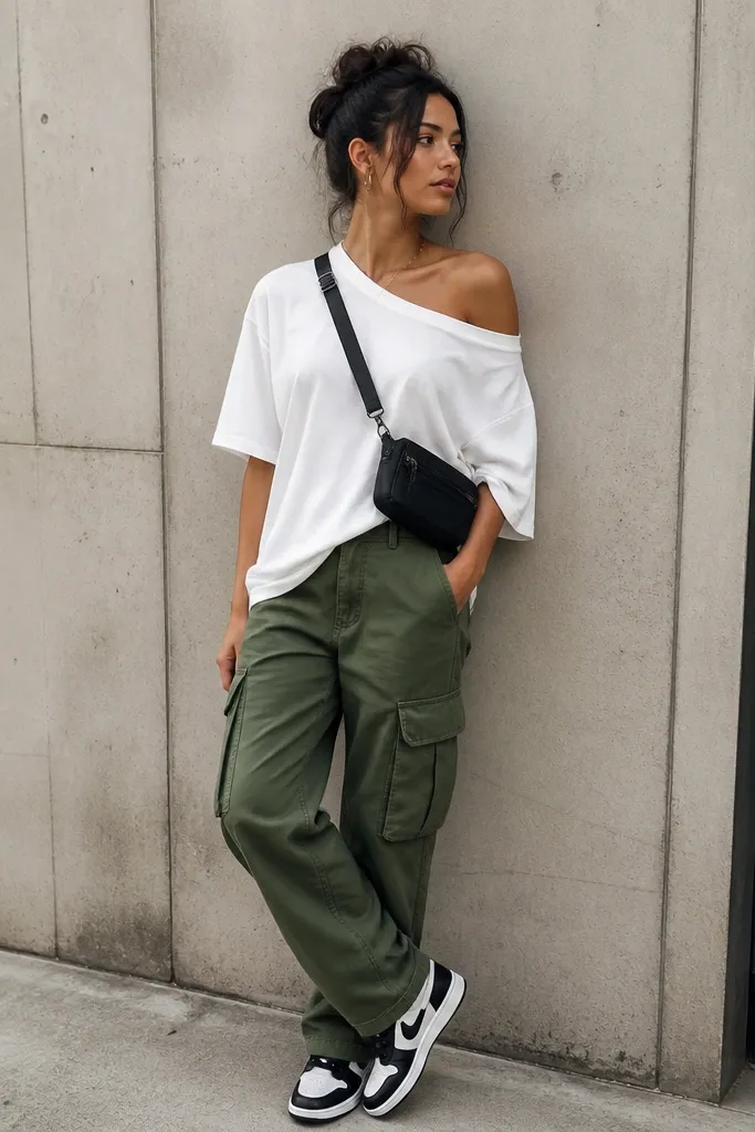 A casual street-style scene with an oversized white T-shirt hanging off the shoulders, green cargo pants, and a black crossbody bag. The sneakers are black and white.